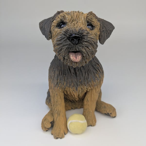 Sitting Border Terrier Sculpture (with yellow ball by feet)