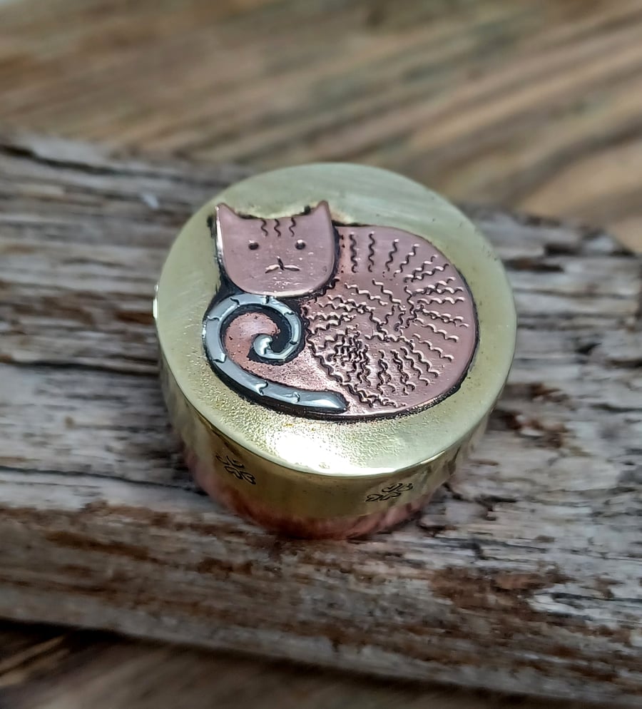 Copper box, collectable miniature copper, silver and brass stylised cat box