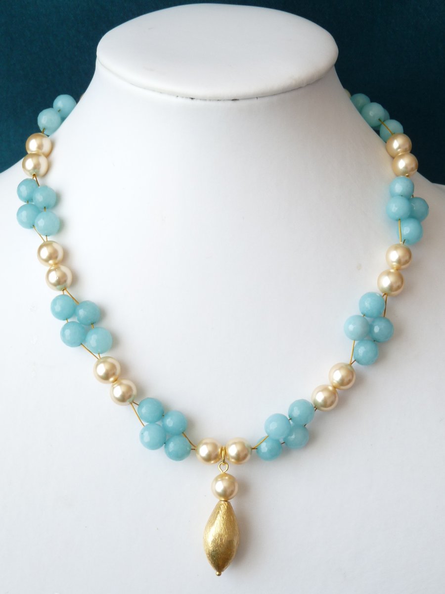Blue Quartize & Light Gold Shell Pearl Pendant Necklace  - Genuine Gemstone 