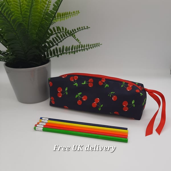 Cherry print navy cotton box shape pencil case.