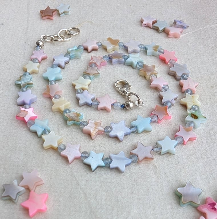 Pastel multicoloured mother of pearl star and aquamarine gemstone necklace 