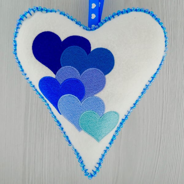 Felt Embroidered Heart Decoration 16cm: Blue Hearts