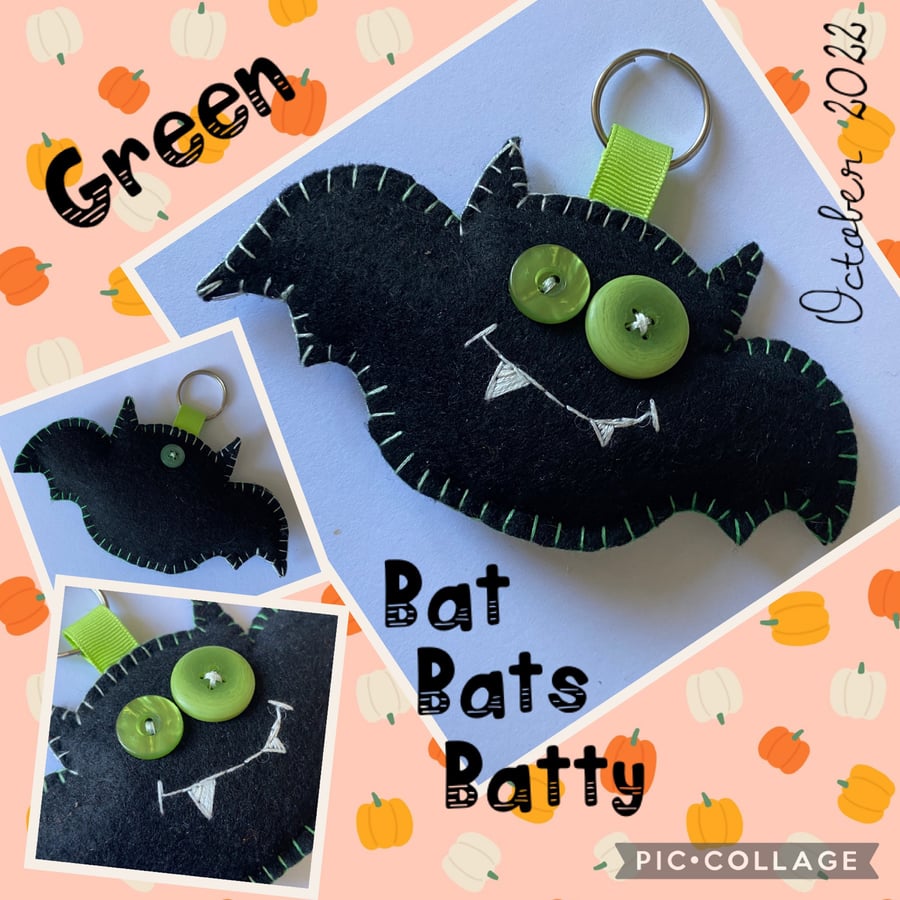 Bat Keyring Black Felt with Green Buttons and Ribbon for your Keys