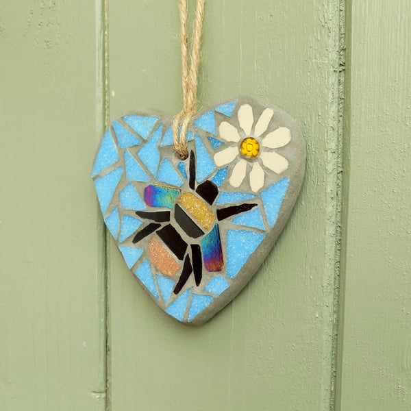Turquoise Bumblebee & Daisy Mosaic Hanging Heart Garden Decoration