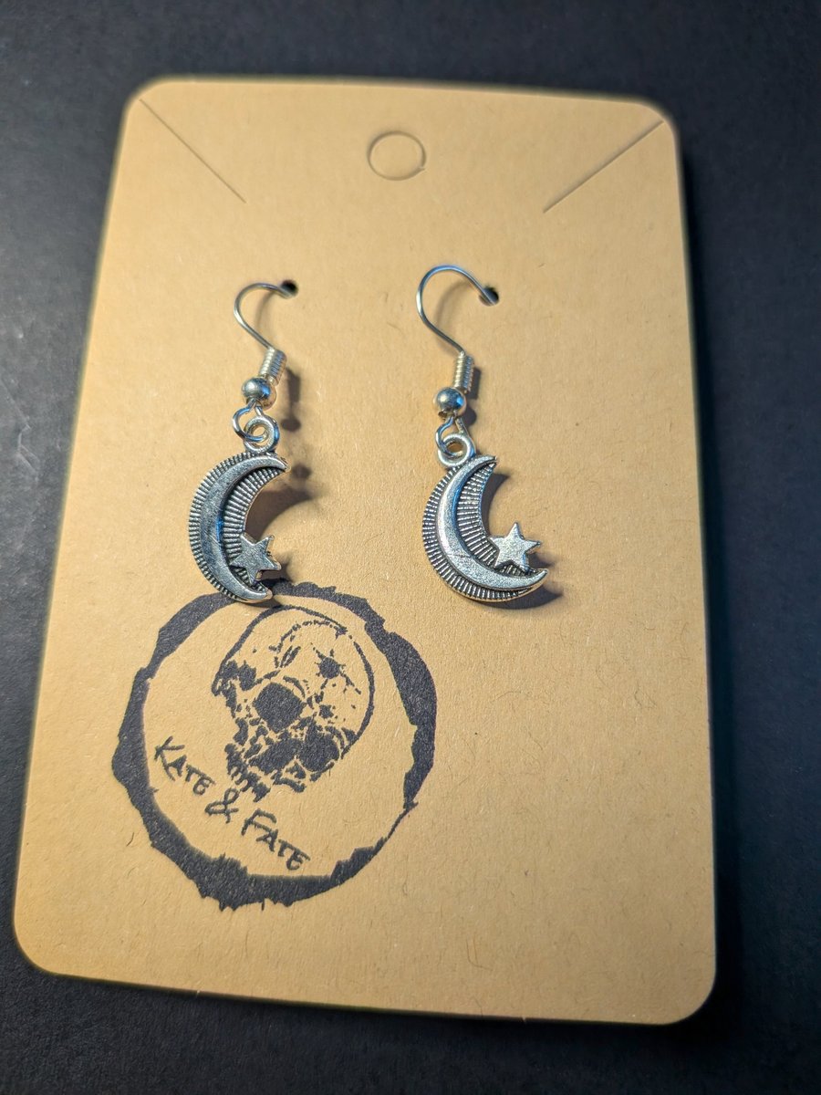 Textured Crescent Moon & Star Dangle Earrings - Handcrafted Celestial Jewellery
