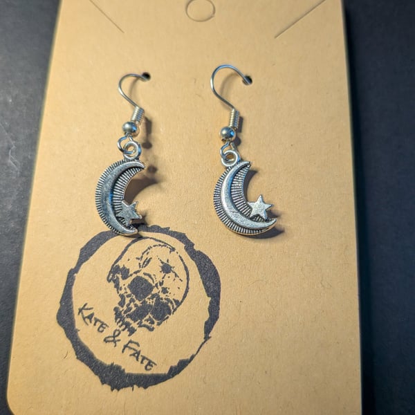 Textured Crescent Moon & Star Dangle Earrings - Handcrafted Celestial Jewellery