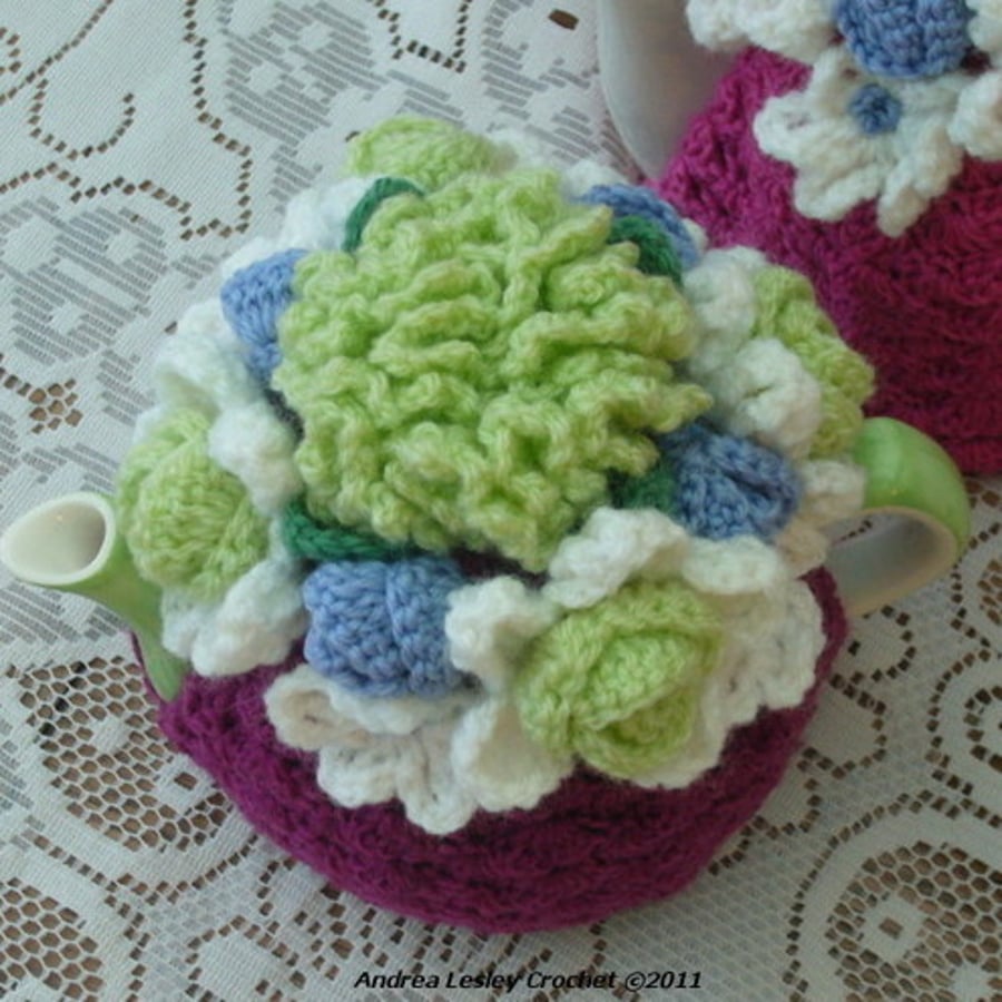 2-Cup Crochet Tea Cosy Cosie Cozy  with Flower Garden Top (Made to order)