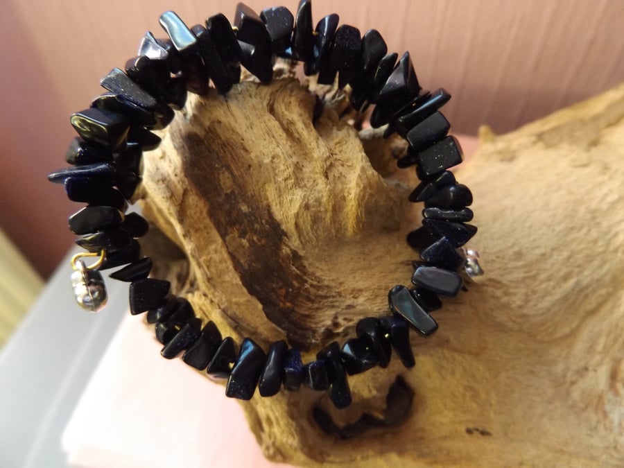 Blue sandstone memory wire bracelet with silver heart charms