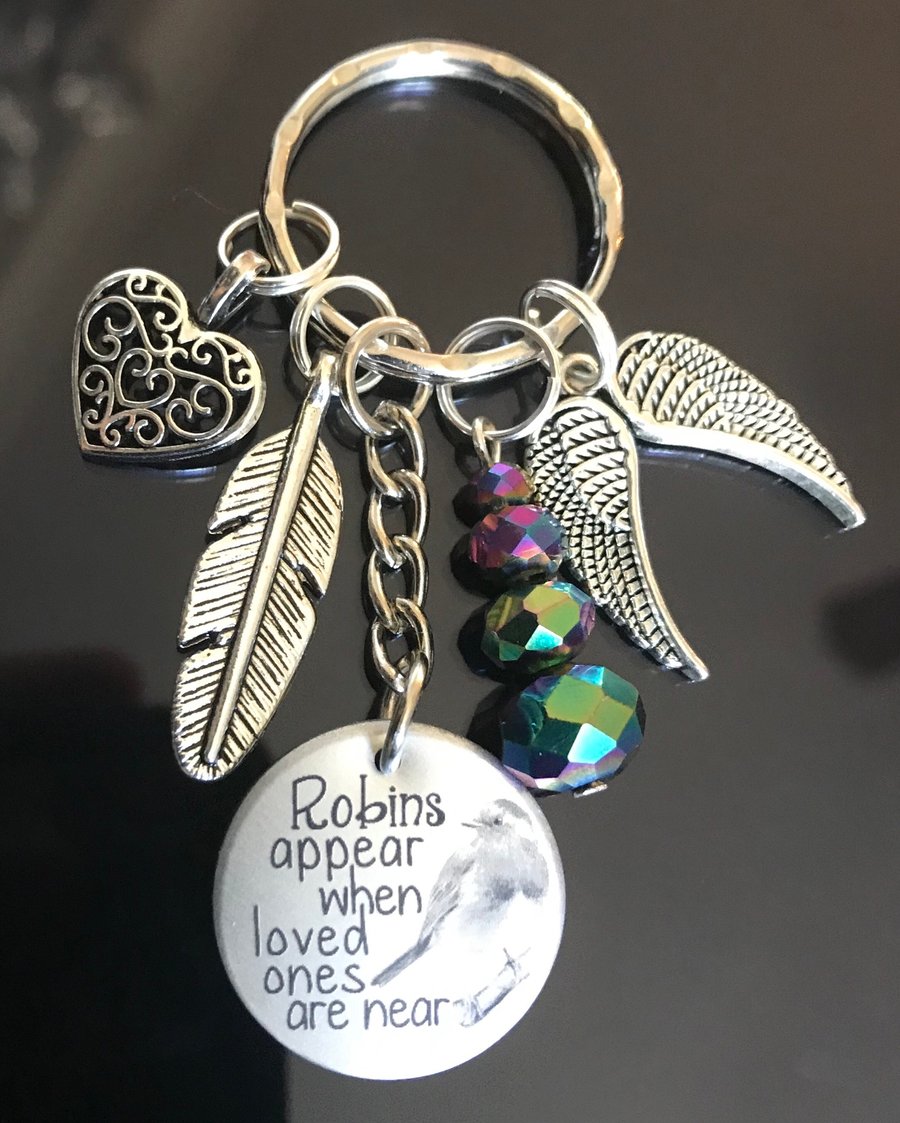Robins Appear When loved Ones Are Near Rainbow Coloured Keyring Memorial