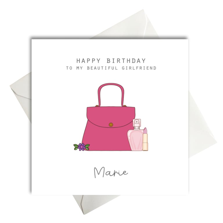 Pink Handbag Lipstick and Perfume Birthday Card for Mums, Girlfriend, Sister