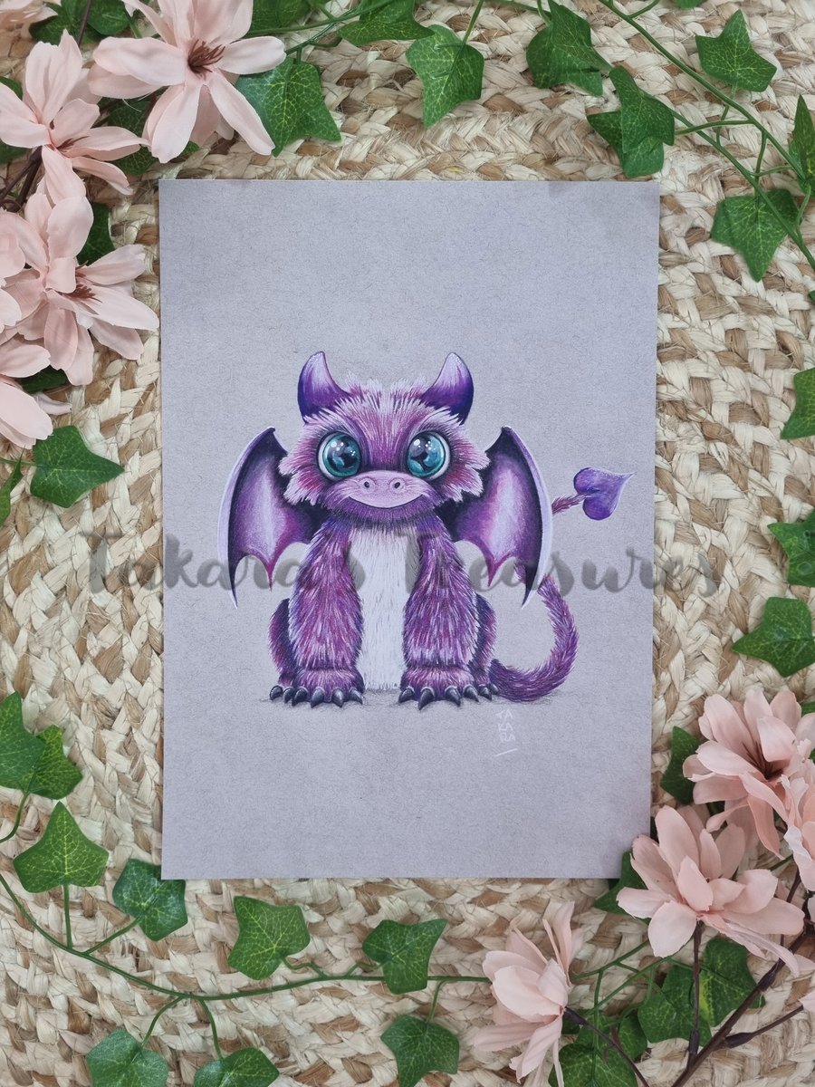 Cute Fluffy Purple Dragon A4 Giclee Art Print