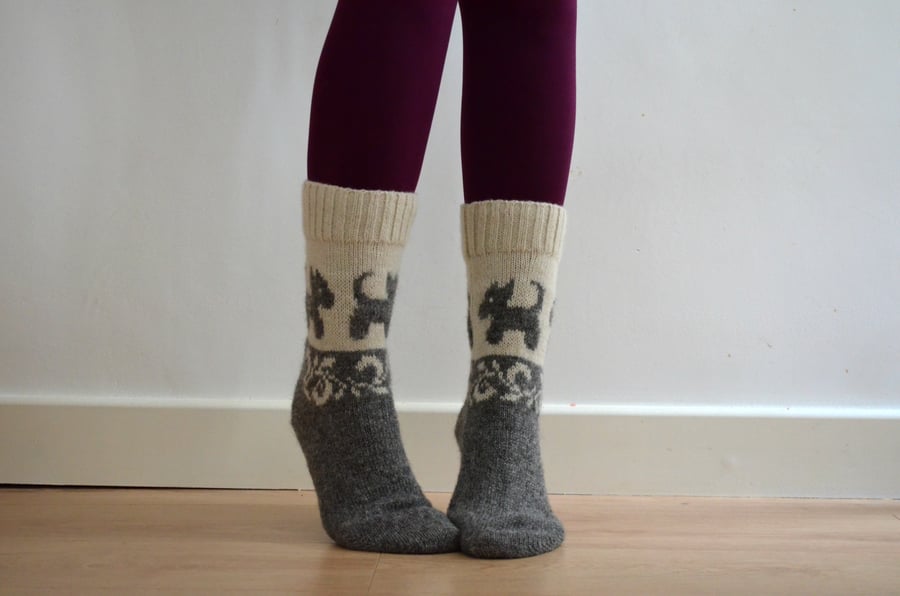 White Wool Socks Grey Dog Scottie Fair isle Floral Winter Scandinavian Christmas