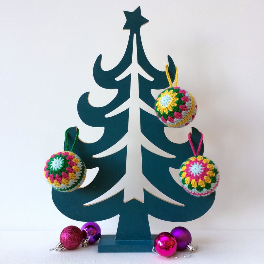 Set of 3 crochet Christmas baubles - duck egg blue