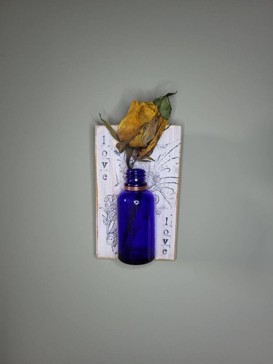 Rustic wooden wall picture with single flower vase, wall decoration, wood art