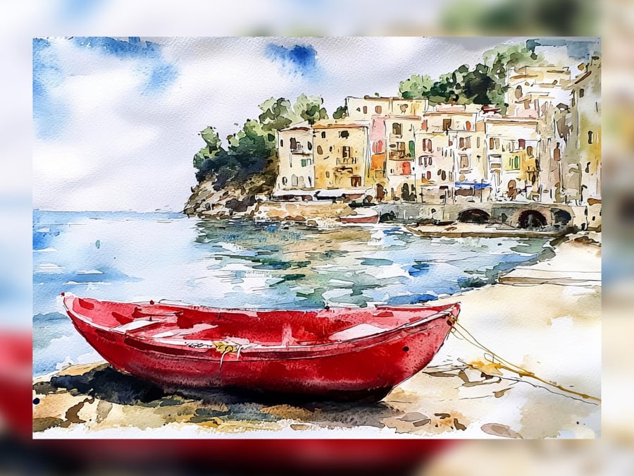 Coastal Boat Watercolor Painting 5"x7" Matte Print