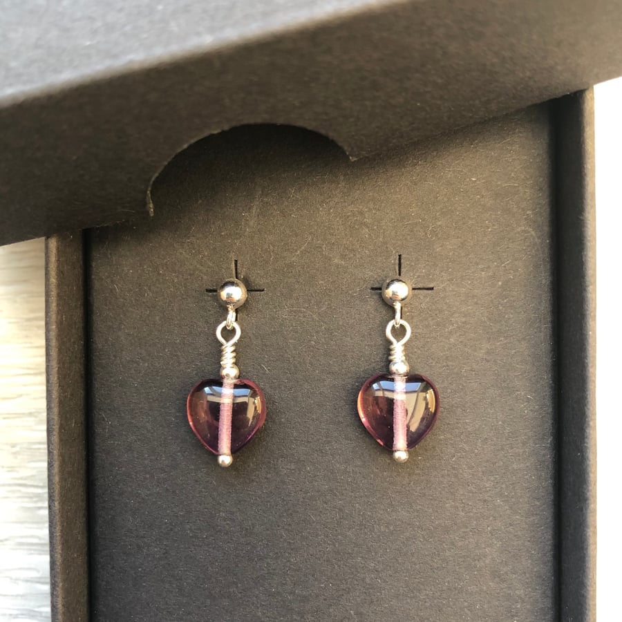 Purple heart glass drop post earrings. Sterling silver 