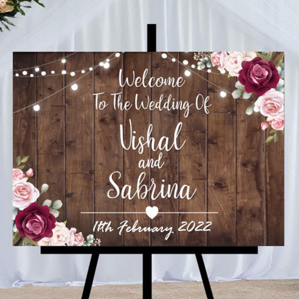 Personalised Rustic Wedding Sign - Burgundy & Pink Flowers