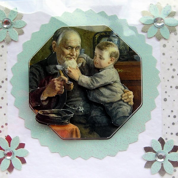 Vintage Style Grandpa Hugs - Hand Crafted 3D Decoupage Card - Blank 2946
