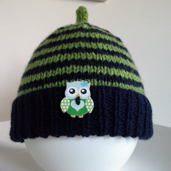 Hand Knitted Baby Boys Bienie Owl Hat   6-12 months