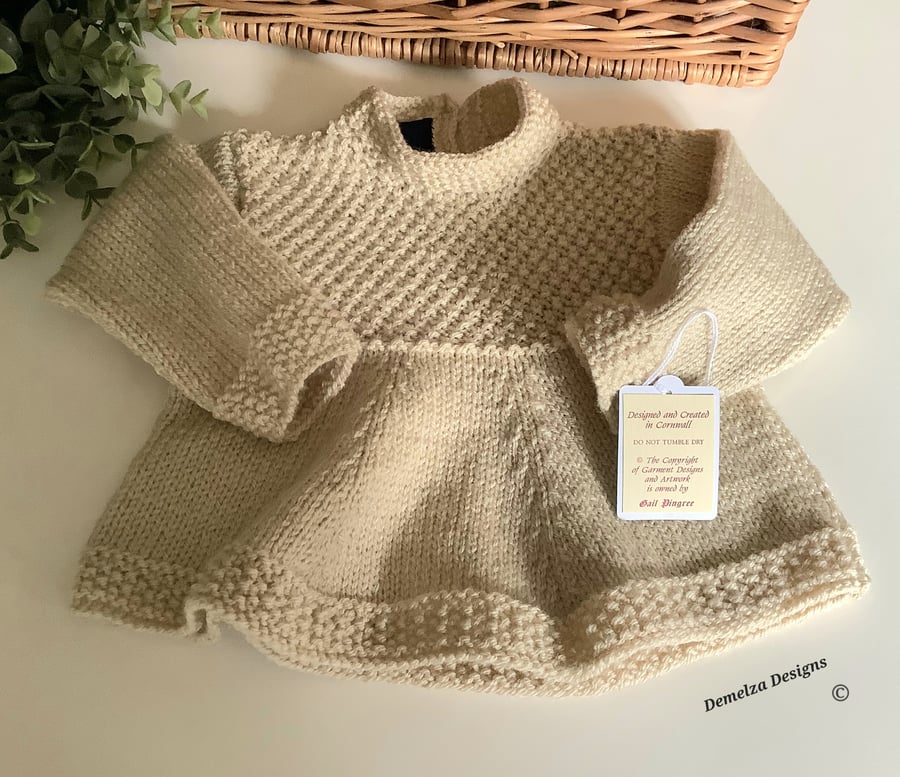 Designer Baby Girl's Hand Knitted Beige Tunic Jumper-Dress  6-12 Months size