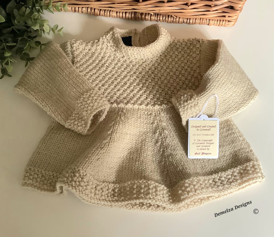 Designer Baby Girl's Hand Knitted Beige Tunic Jumper-Dress  6-12 Months size