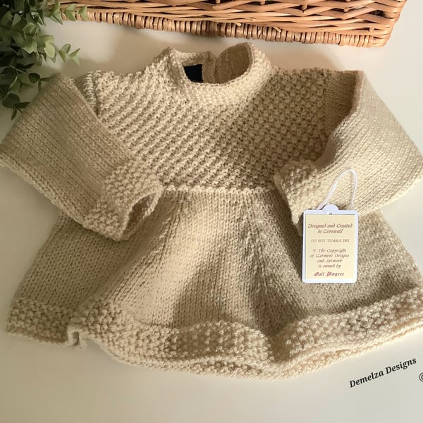 Baby Girl's Hand Knitted Beige Tunic Jumper-Dress  6-12 Months size
