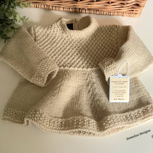 Designer Baby Girl's Hand Knitted Beige Tunic Jumper-Dress  6-12 Months size