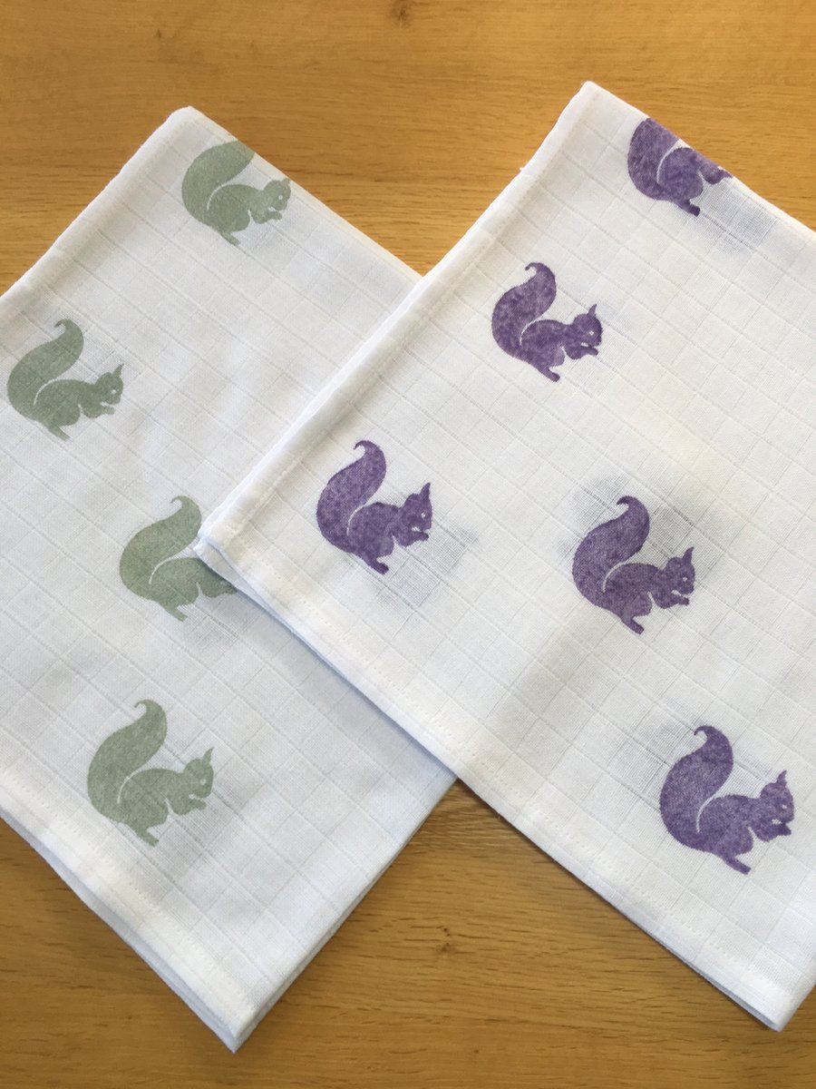 X2 Hand Block Printed Baby Muslin Squares - Squirrel (Purple and Khaki)