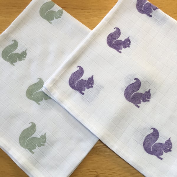X2 Hand Block Printed Baby Muslin Squares - Squirrel (Purple and Khaki)
