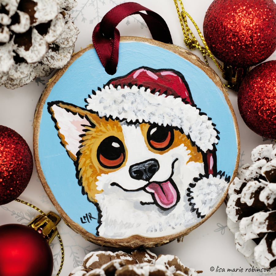 Festive Corgi Dog Santa - Hand Painted Wooden Christmas Tree Decoration