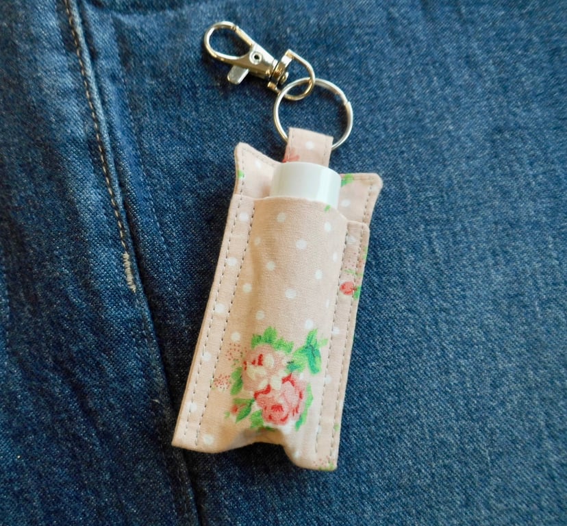 Key ring lip balm holder pink floral fabric keyring 