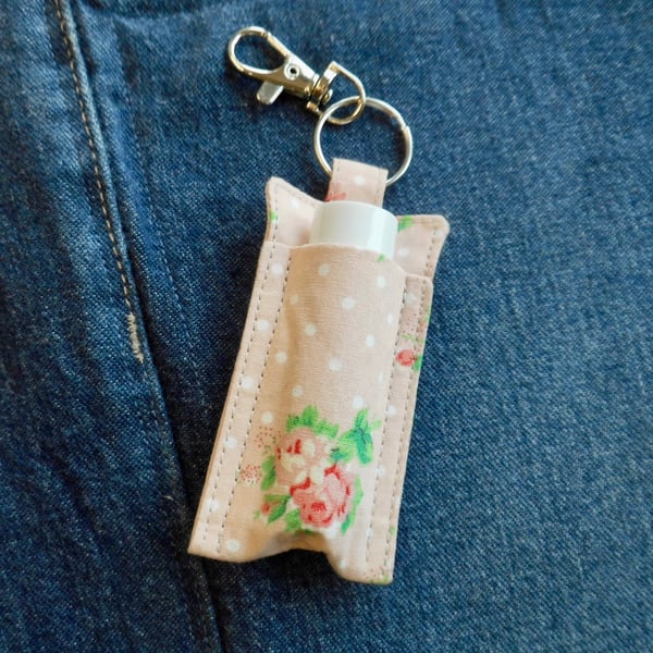 Key ring lip balm holder pink floral fabric keyring 