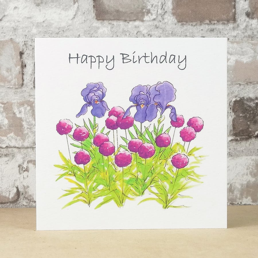 Birthday Card Iris and Allium Garden Eco Friendly