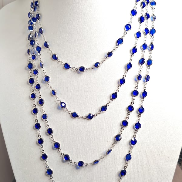 Extra Long Sapphire Blue CZ Crystal Chain Necklace, Silver Tone, 78 or 40 inch