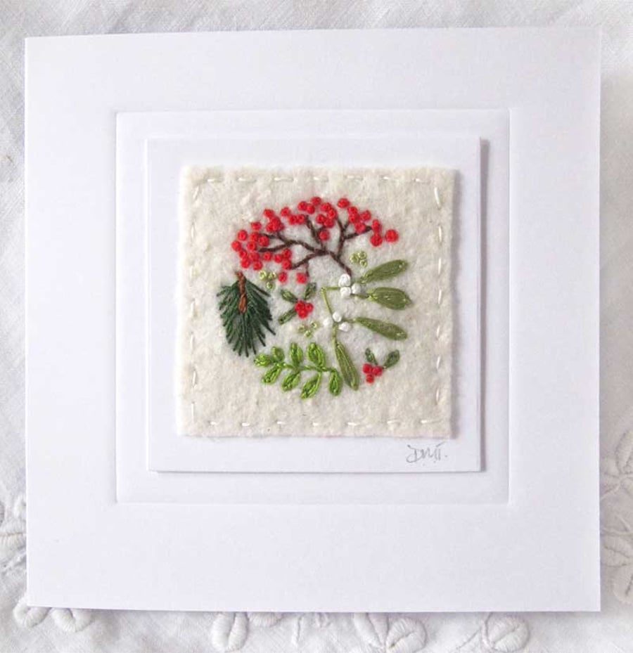 HAND EMBROIDERED CHRISTMAS CARD WINTER FOLIAGE