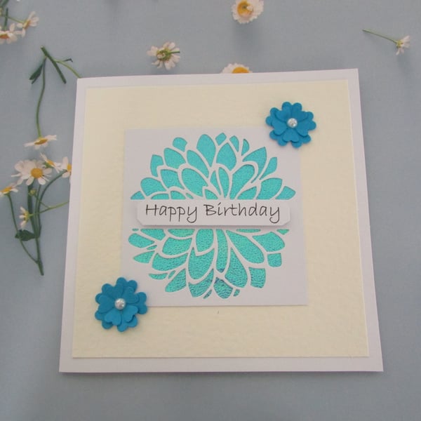 Happy Birthday Card Iridescent Die Cut Light Blue Dahlia - Blank Inside