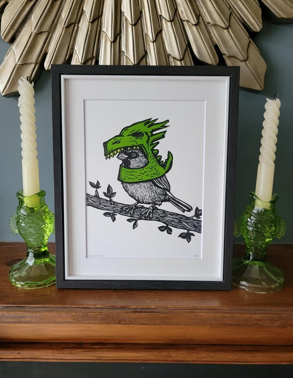 Here Be Dragons - handmade original linocut bird art print