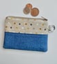 Coin purse in blue denim and beige spotted fabric