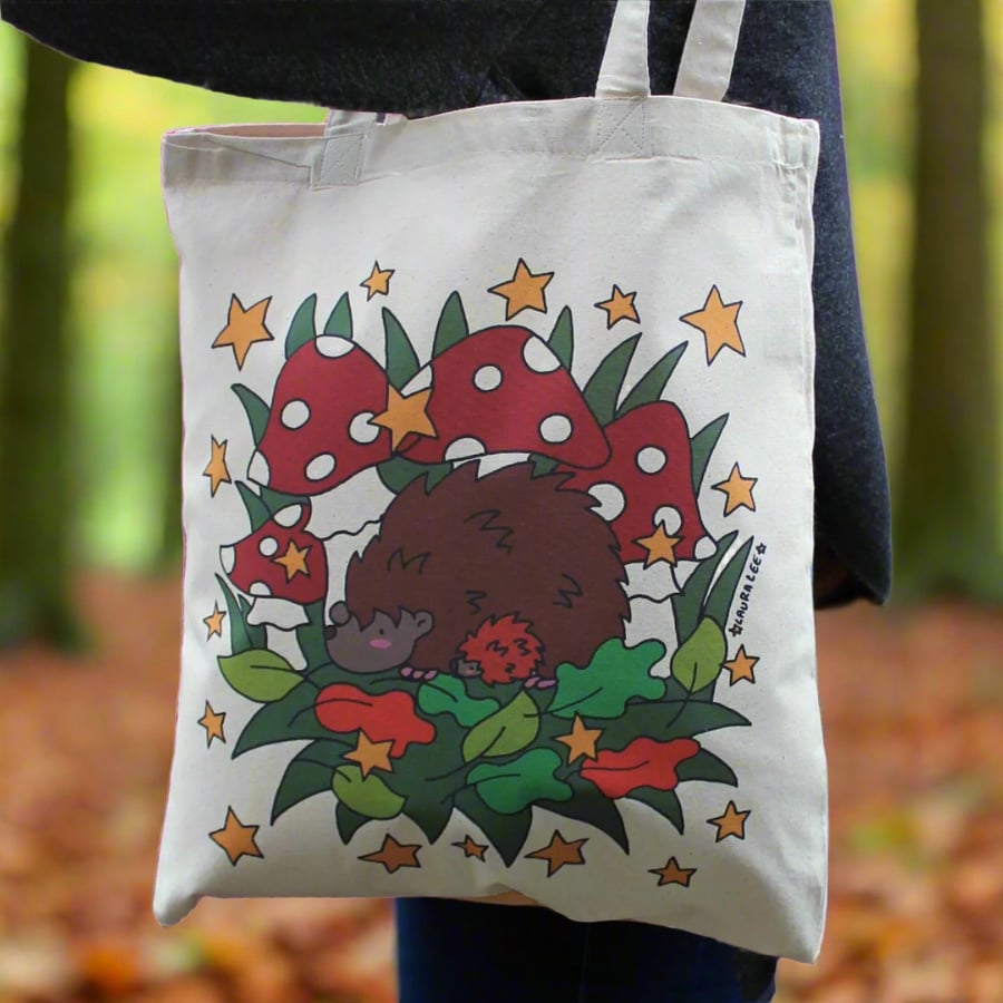 Hedgehog & Toadstools Tote Bag - Long handled - Fairtrade - Eco