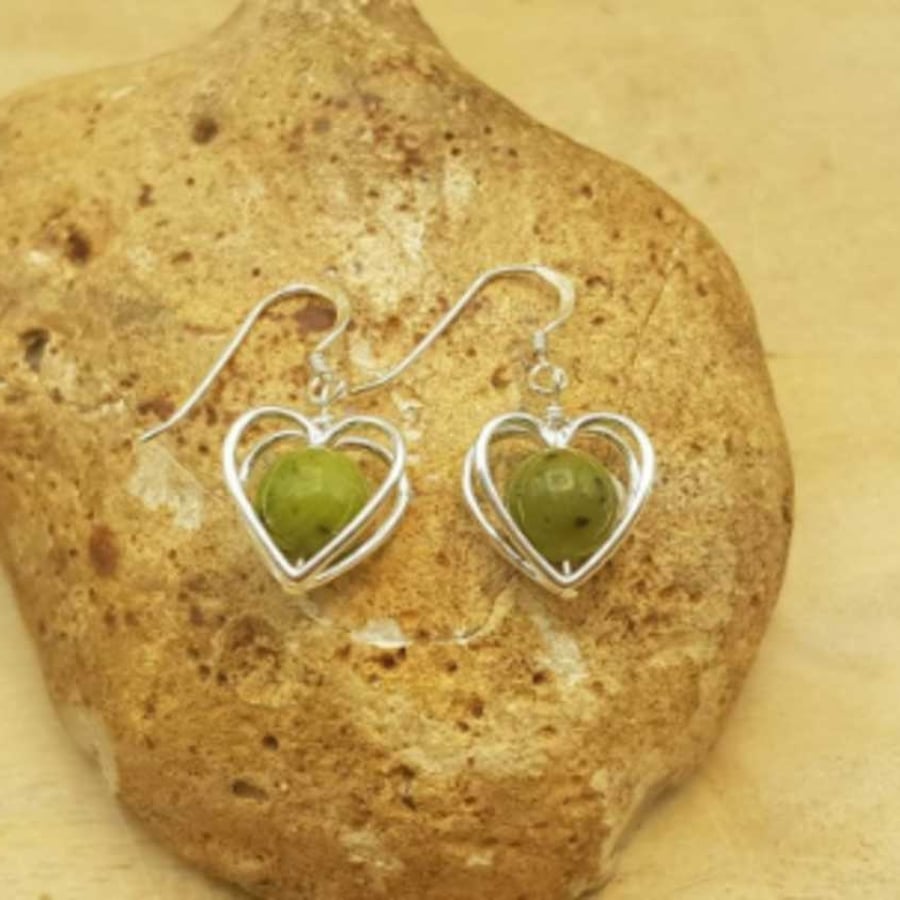 Jade earrings. Green nephrite gemstone Sterling silver heart earring