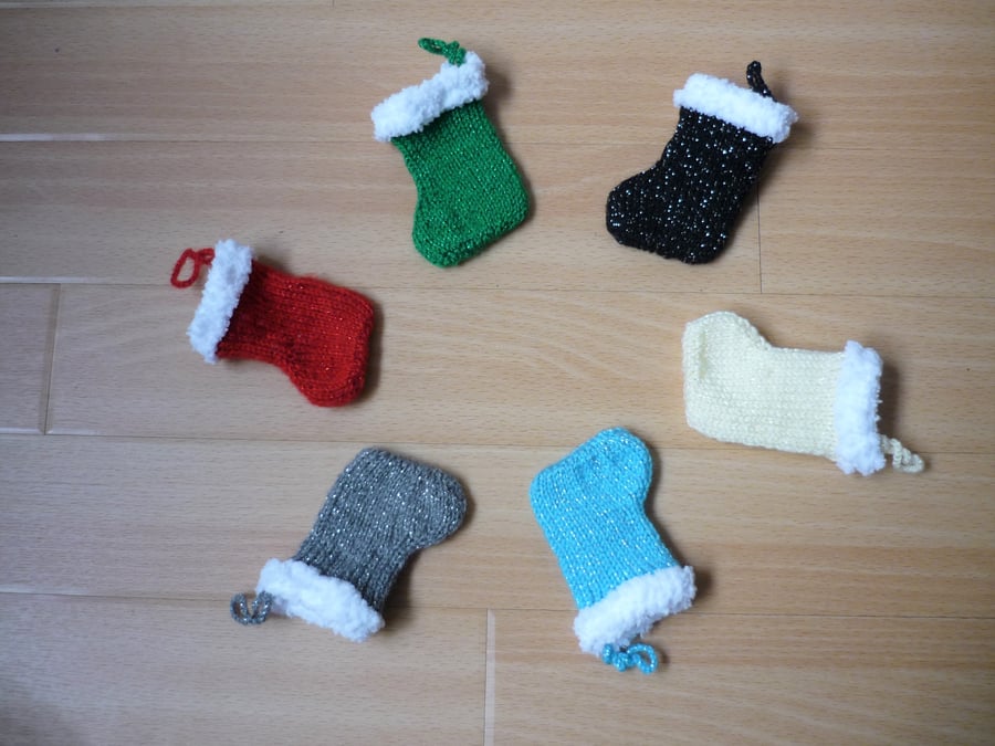 SIX Different Mini Christmas Stockings (Hand-Knitted)  - Hanging Decoration