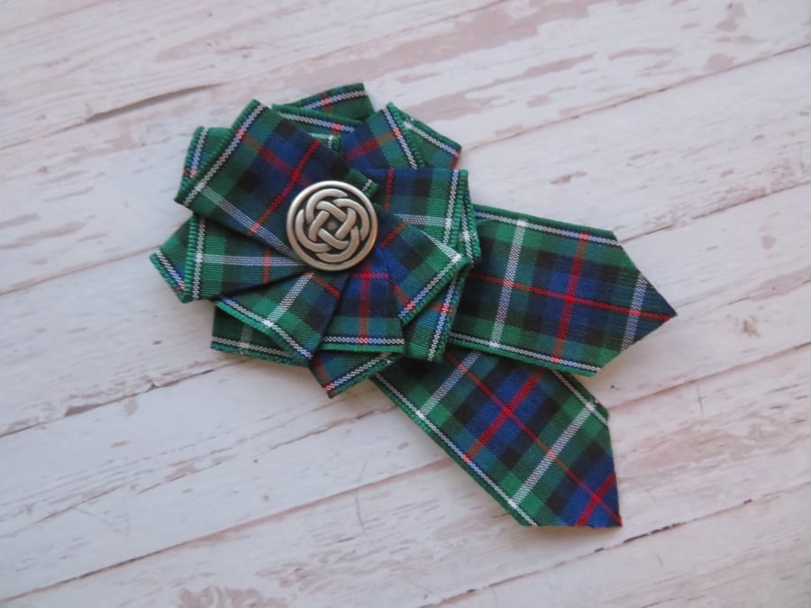 MacKenzie Green Tartan Ruffle Rosette Mini Brooch Pin 