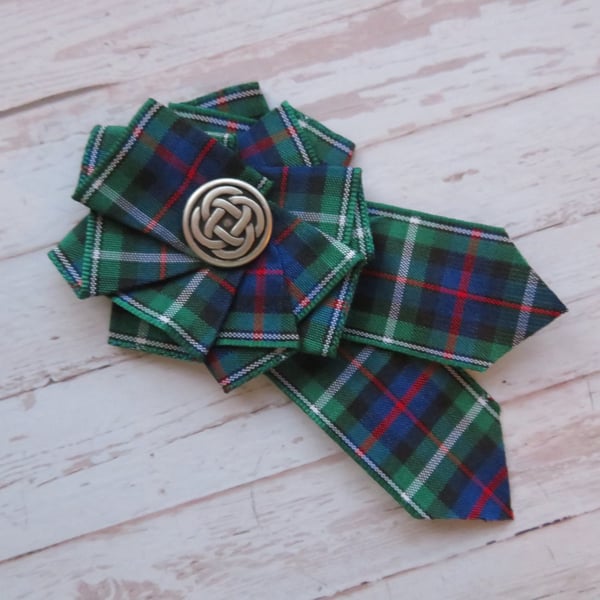 MacKenzie Green Tartan Ruffle Rosette Mini Brooch Pin 