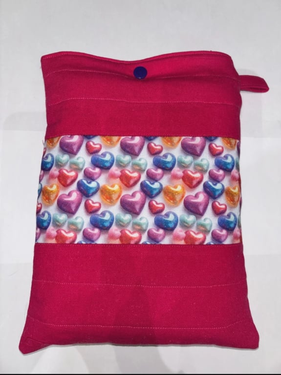 Padded Pink with hearts Book Sleeve, Cover, Pouch 