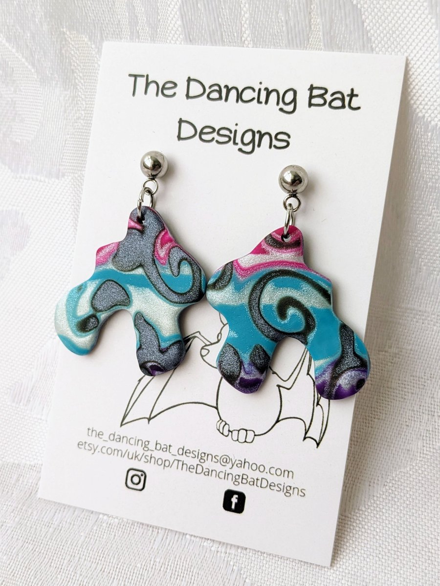 Dangly Squiggle Arch Earrings in Blue and Pink, with Swirl pattern, Polymer Clay