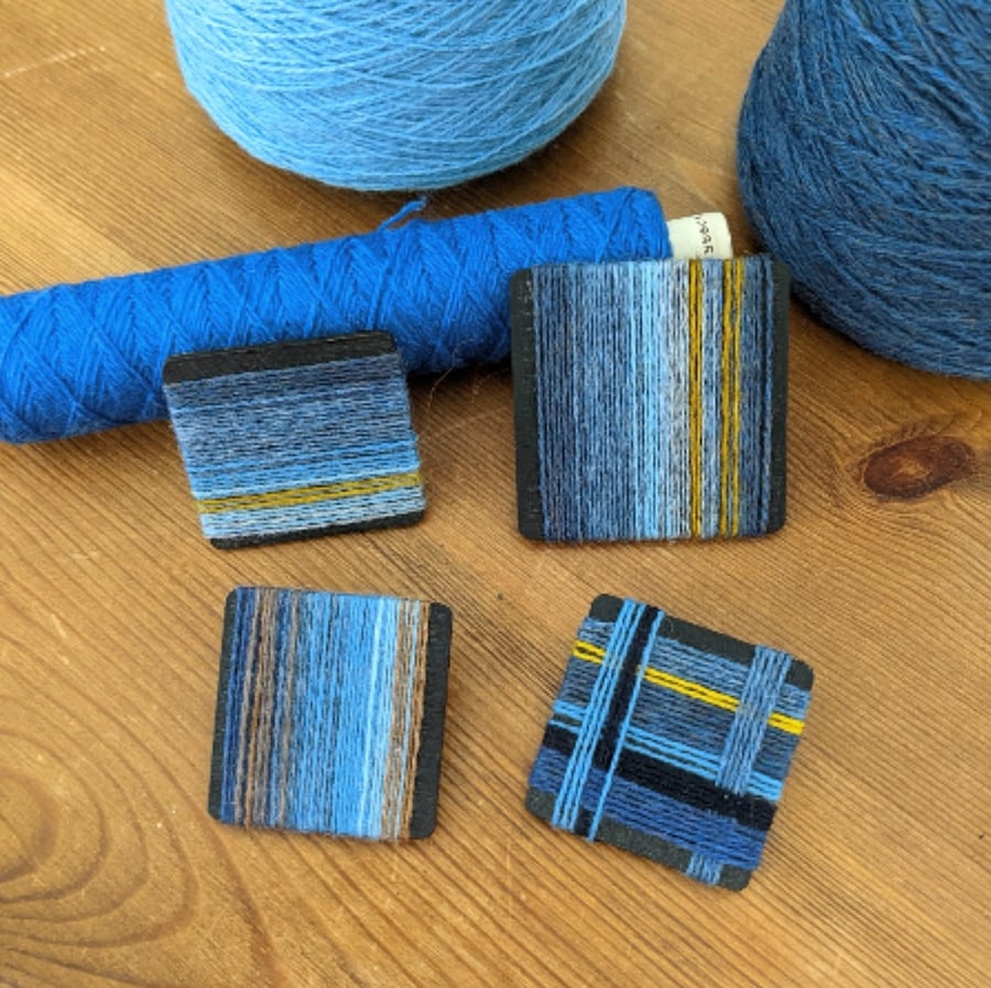 Square wool wrapped brooch in blues and yellow - seaside landscape