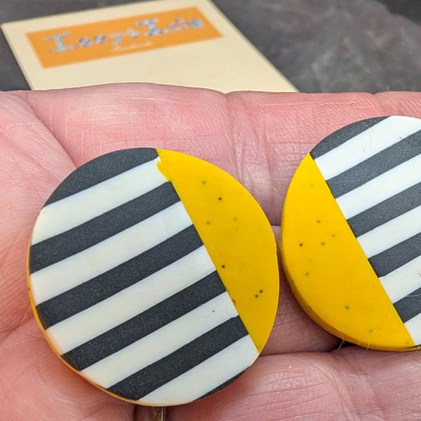 Modern mustard and stripe polymer clay stud earrings