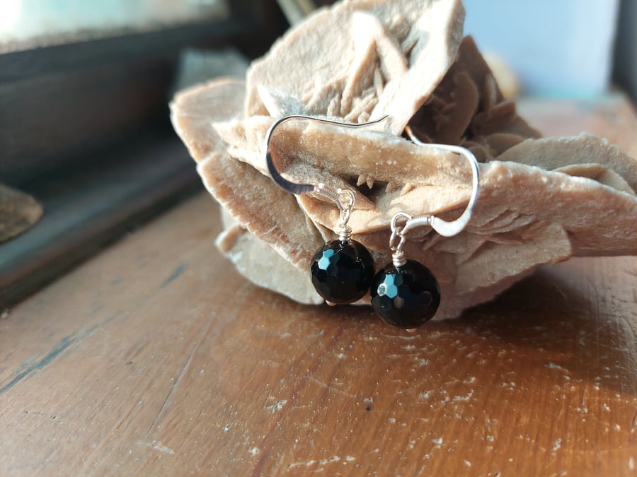 Sterling Silver Facetted Black Agate Earrings