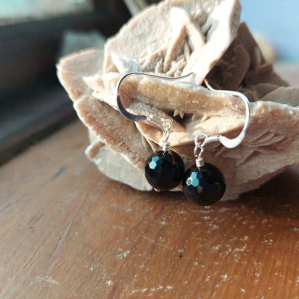 Sterling Silver Facetted Black Agate Earrings