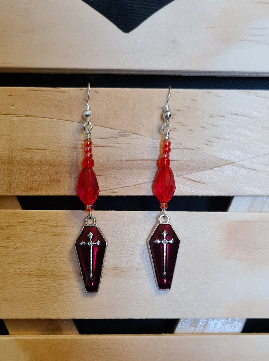 Dangly Red Bead Coffin Charm Earrings.